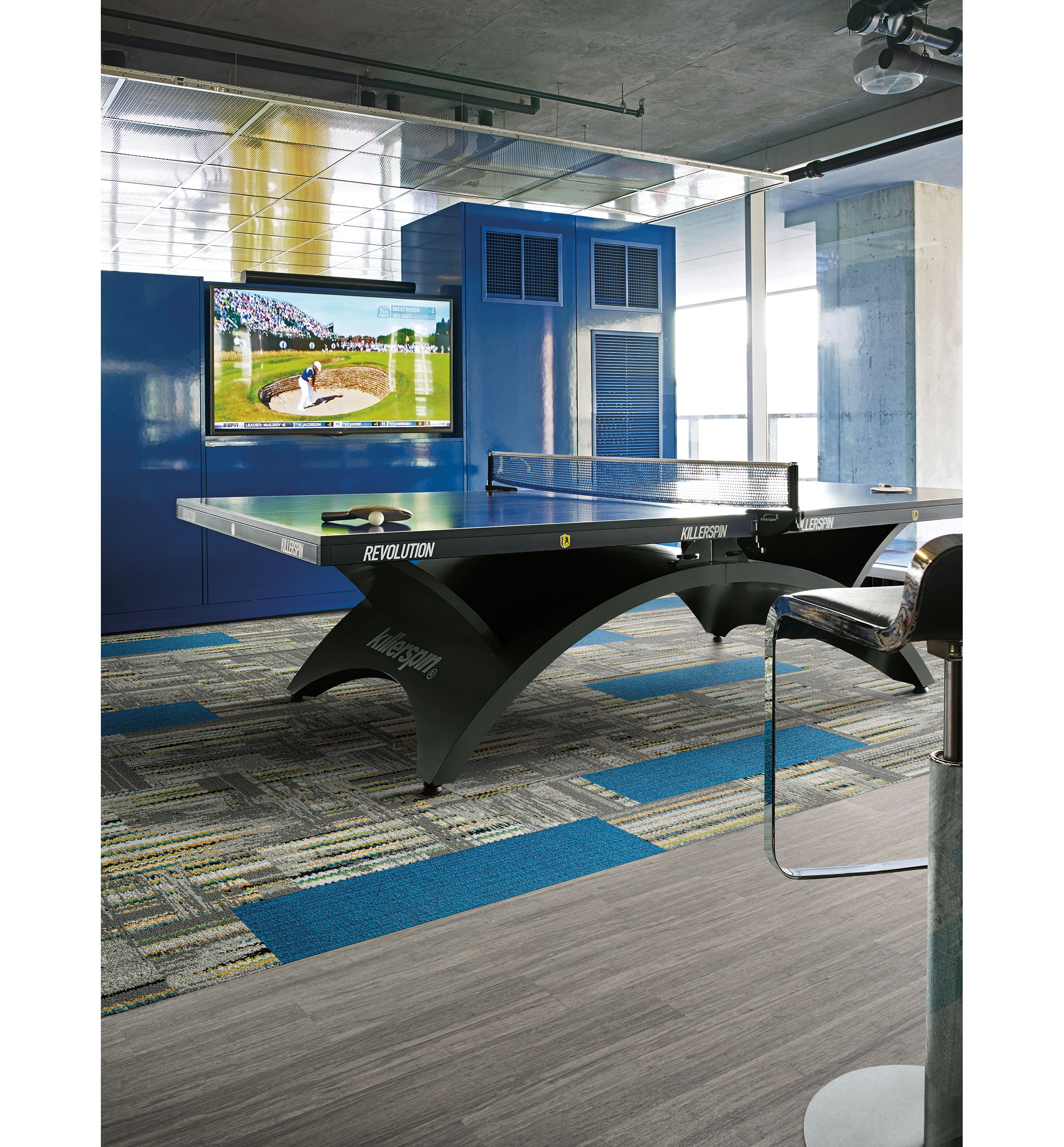 Interface Hard Drive and On Line plank carpet tiles and Steady Stride LVT with ping pong table and golf on television numéro d’image 10